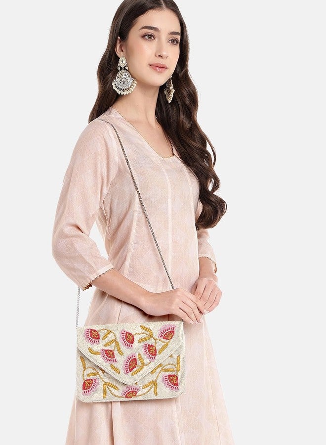 Anekaant Beaded Botanica Ivory Floral Embroidered Canvas Sling Bag | Perfect for Brunch & Day Outings - Image 2
